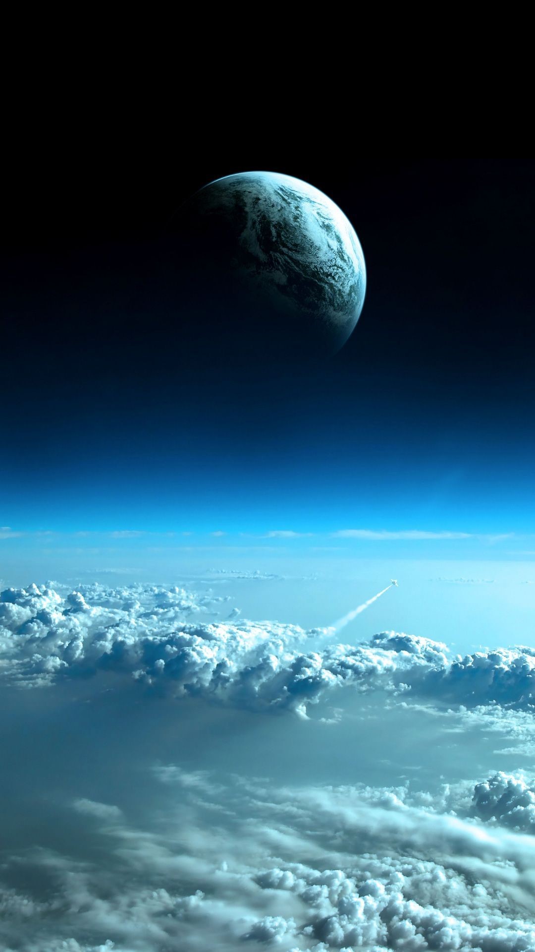 A breathtaking view of Earth from above the clouds, with a spacecraft soaring through the sky. Perfect for a cool phone wallpaper