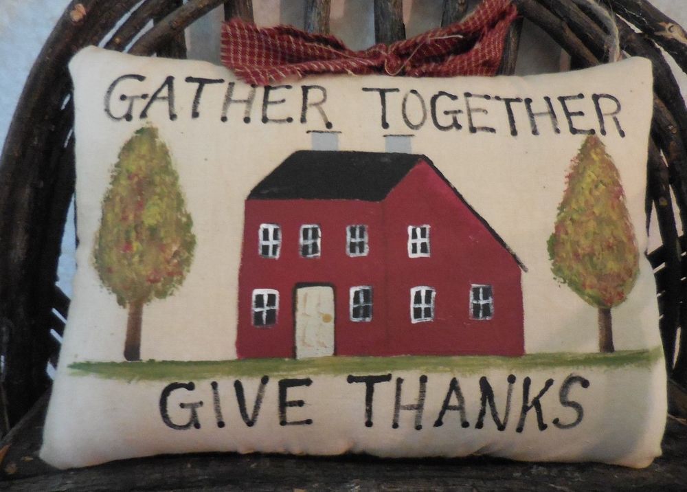 Primitive Folk Art Thanksgiving House Pillow Tuck Wall Hanger Gather