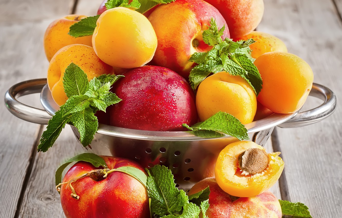 Wallpaper Peaches Nectarines Mint Leaves Apricots Image For