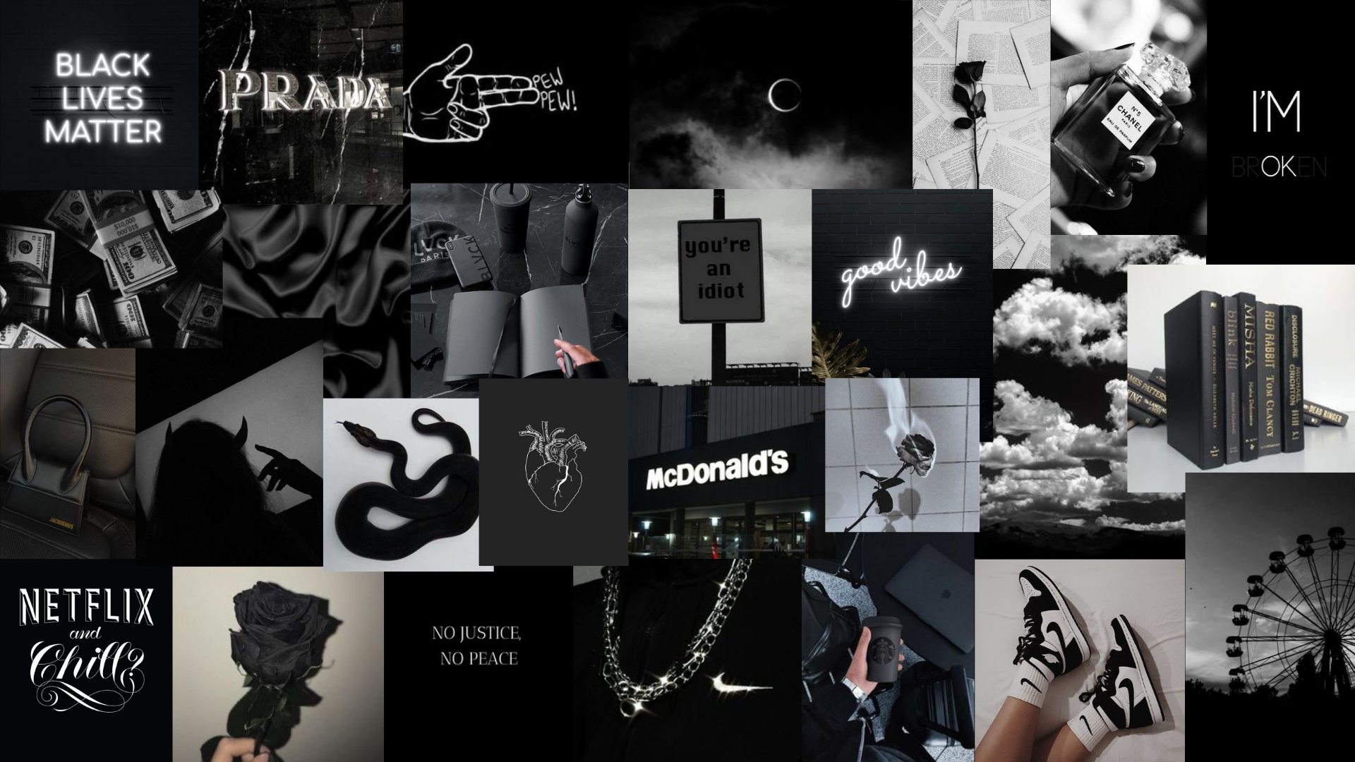 A collage of black and white images with themes of luxury, social justice, and popular culture, creating a dark aesthetic