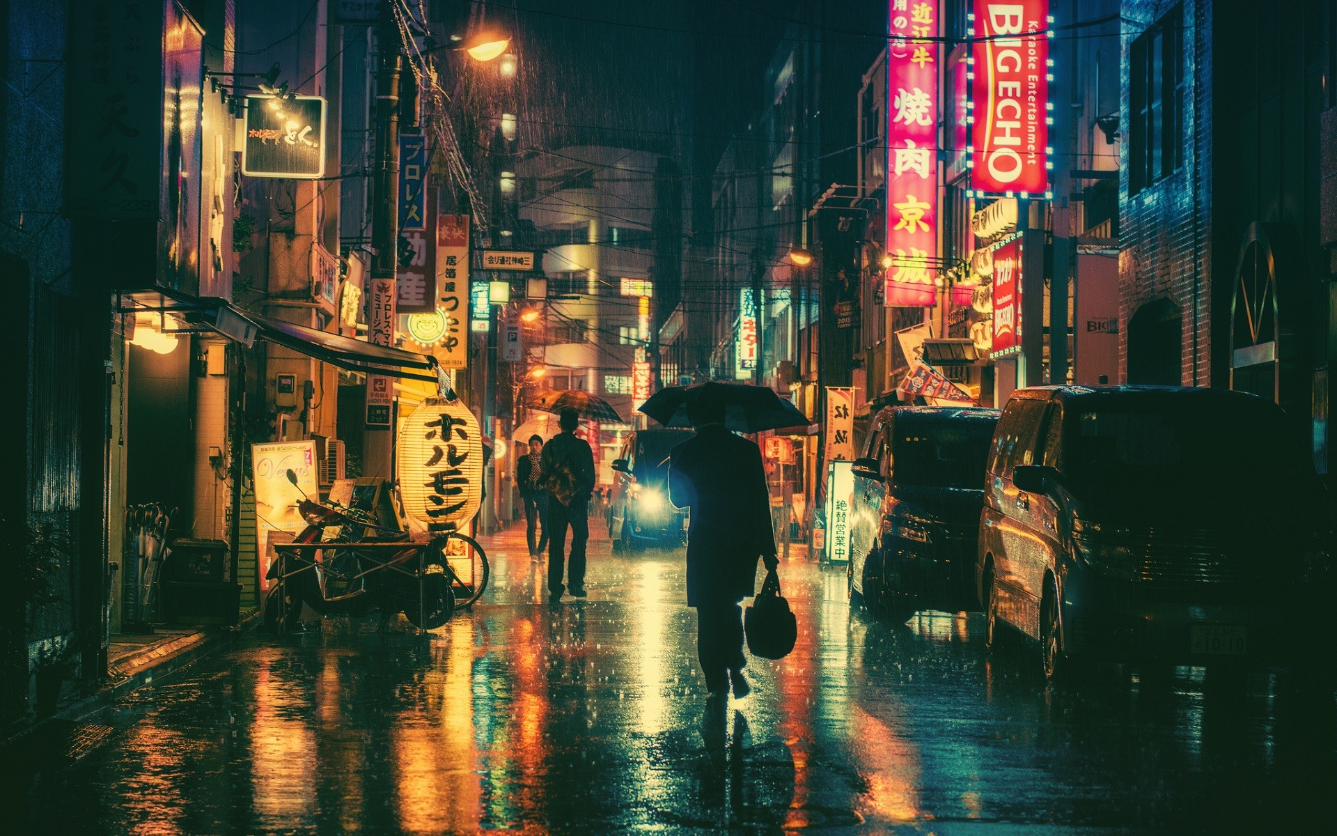 Japanese City Urban Street Asia Rain Night Tokyo Japan Lights Wallpaper