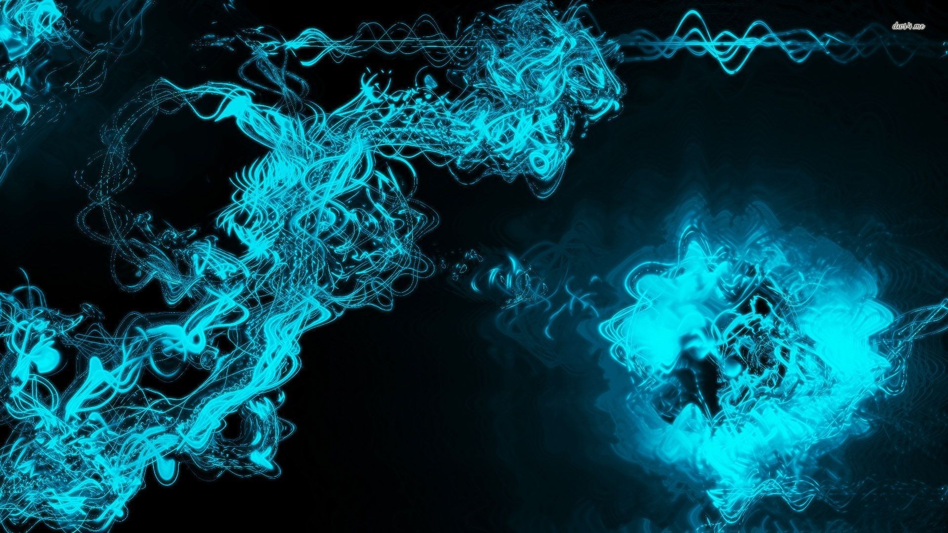 Abstract neon blue swirls and waves on a dark background, creating a vibrant and energetic visual