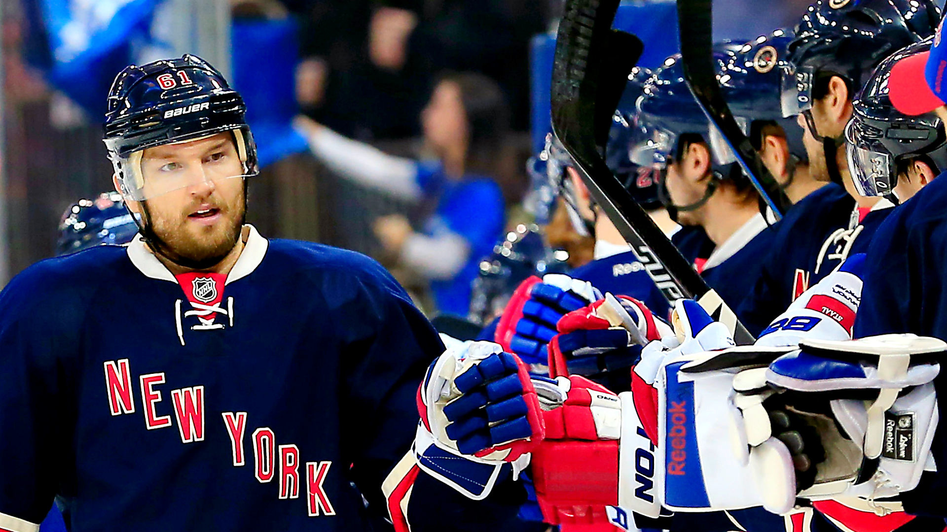 New York Rangers players on the ice during a game