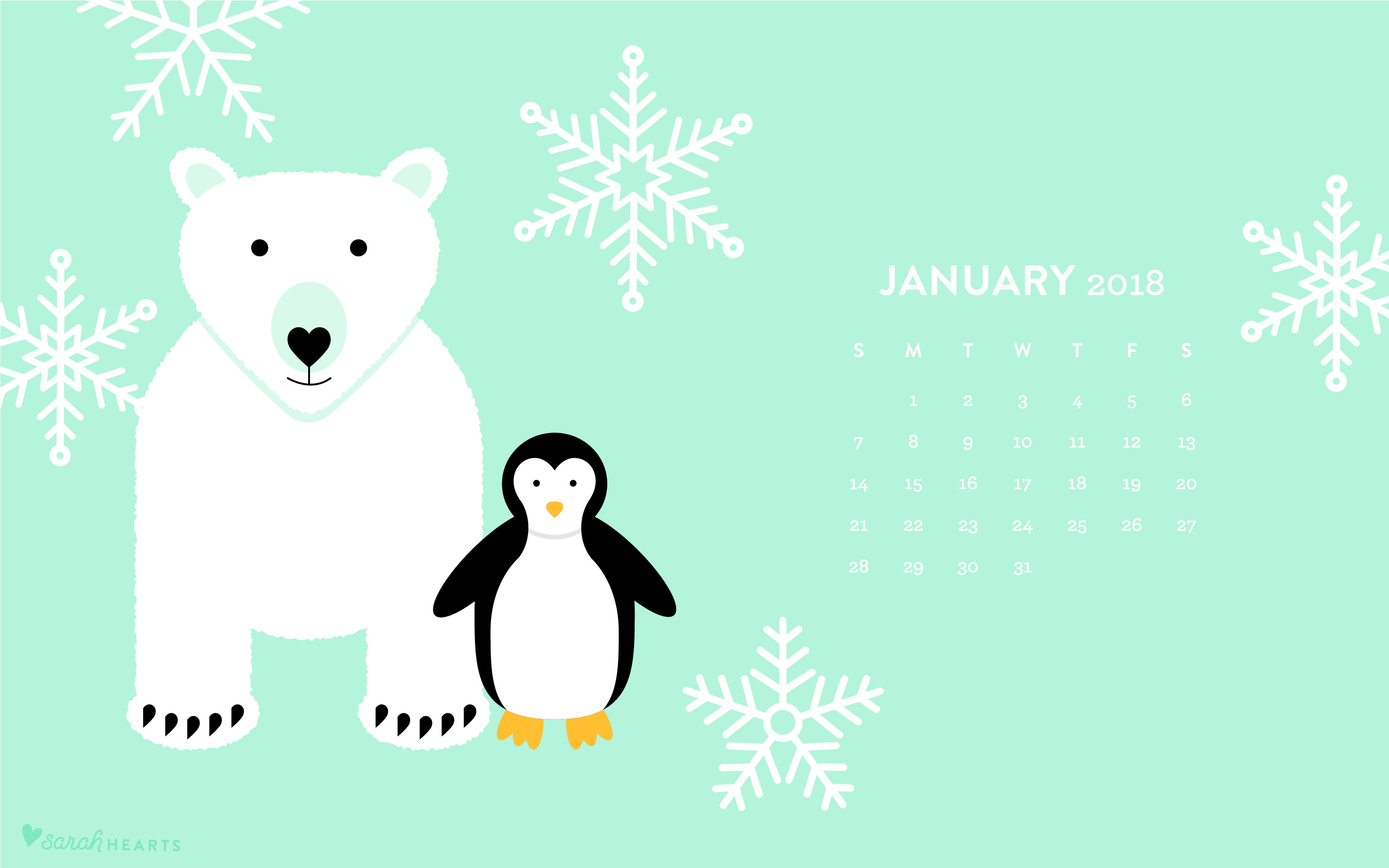 Polar Bear and Penguin January 2018 Calendar Wallpaper 3001x1876