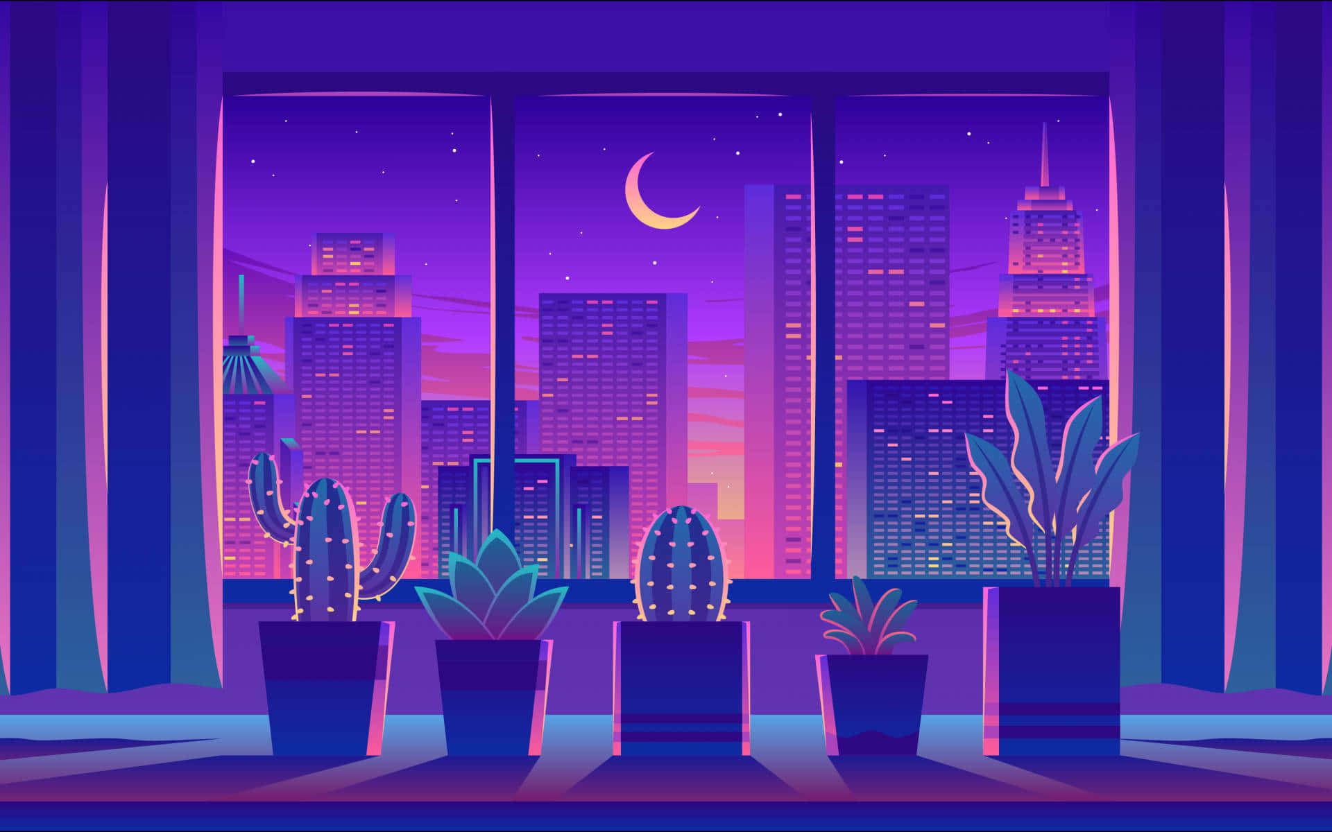 Vibrant cityscape at night seen through a window with potted plants on the sill. Purple and pink hues dominate the scene, creating a futuristic aesthetic
