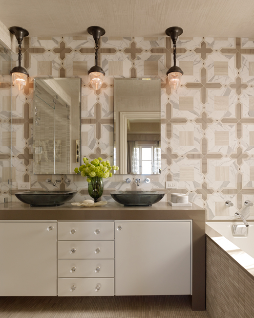 Bold Geometric Wallcovering In A Modern Bathroom Draws The Other