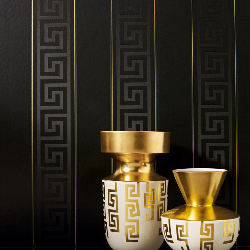 Versace Greek Key Stripe Black Gold Luxury Designer