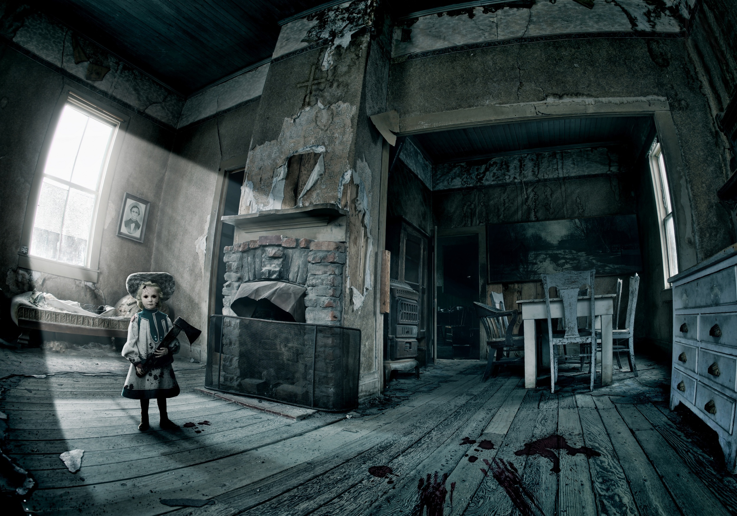 Download wallpaper blood doll horror axe old abandoned house