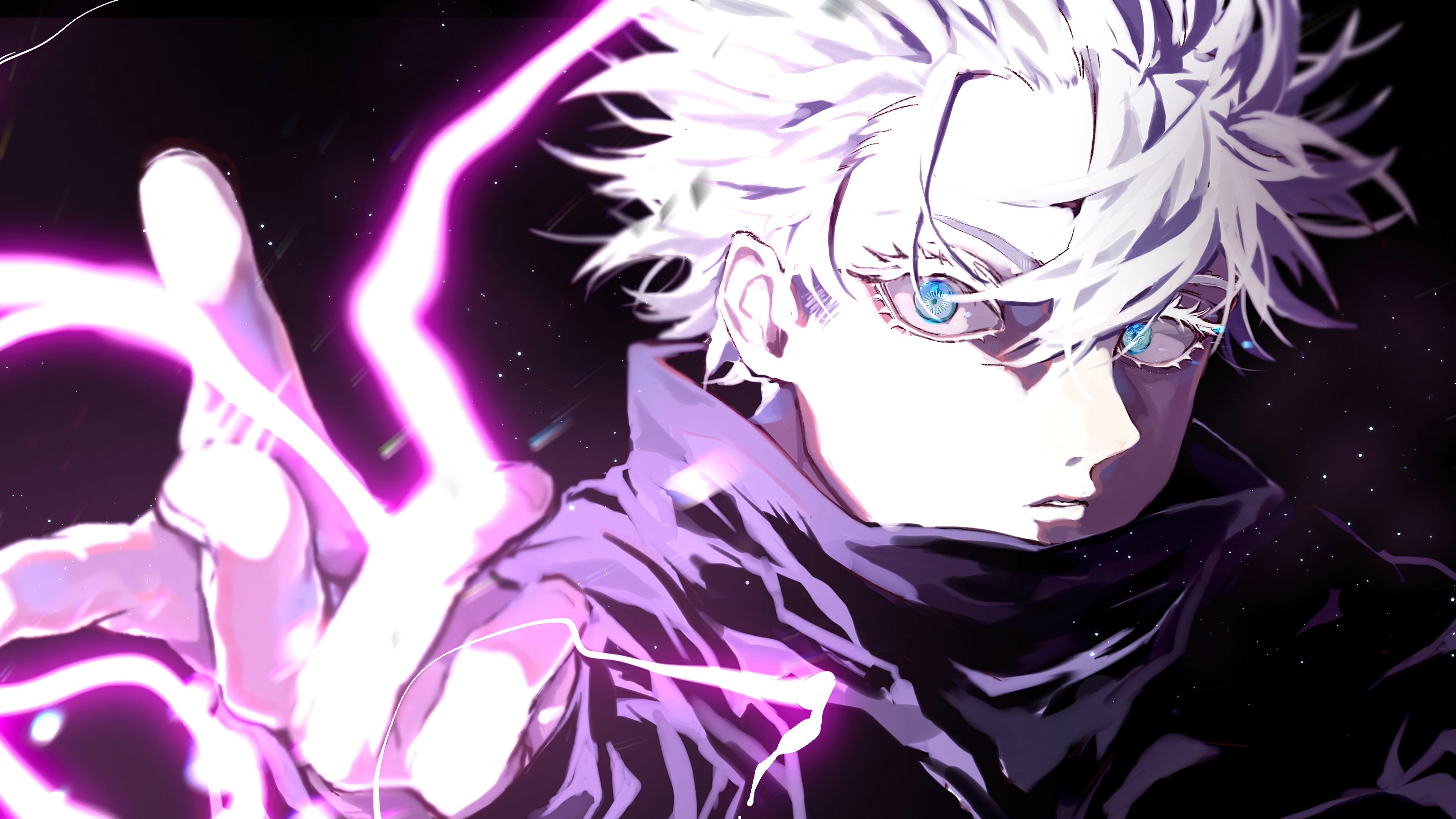 A dramatic, close-up illustration of Gojo Satoru from Jujutsu Kaisen, with glowing blue eyes and white hair, against a dark, starry background. Purple energy crackles around his outstretched hand