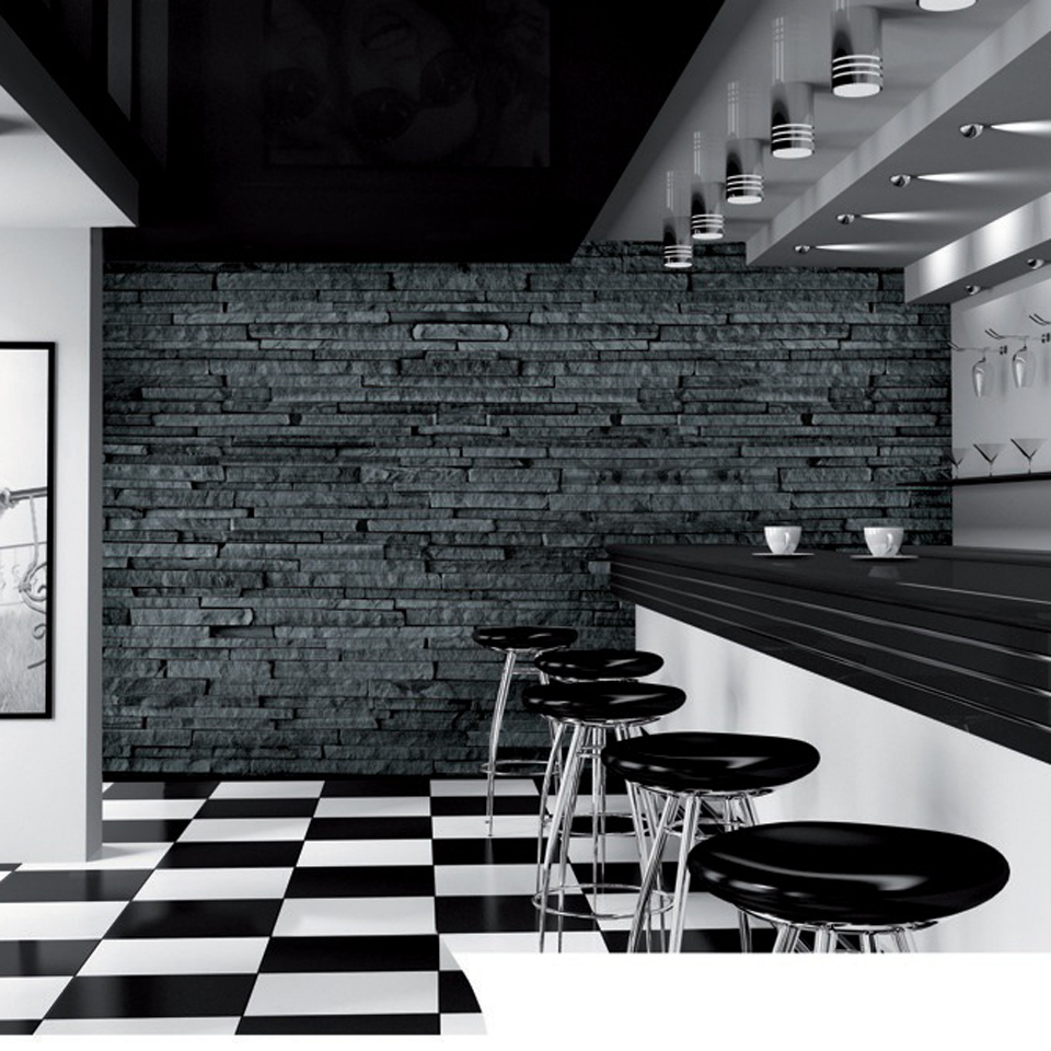 Charcoal Grey Slate Stone Effect Wallpaper Mural In Cafe Setting