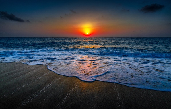 Ocean Water Sand Beach Sky Cloud Horizon Sunset Sun Wallpaper