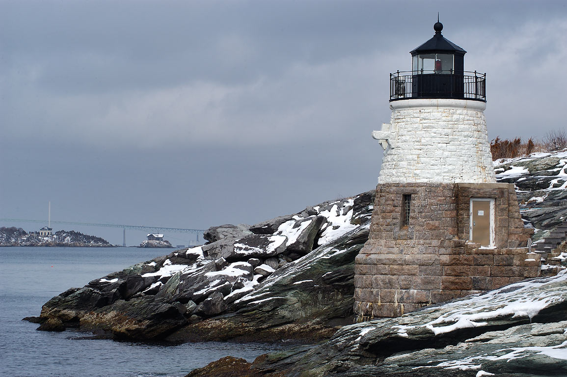 Lighthouse After Snowfall Rose In Background Newport Rhode Island