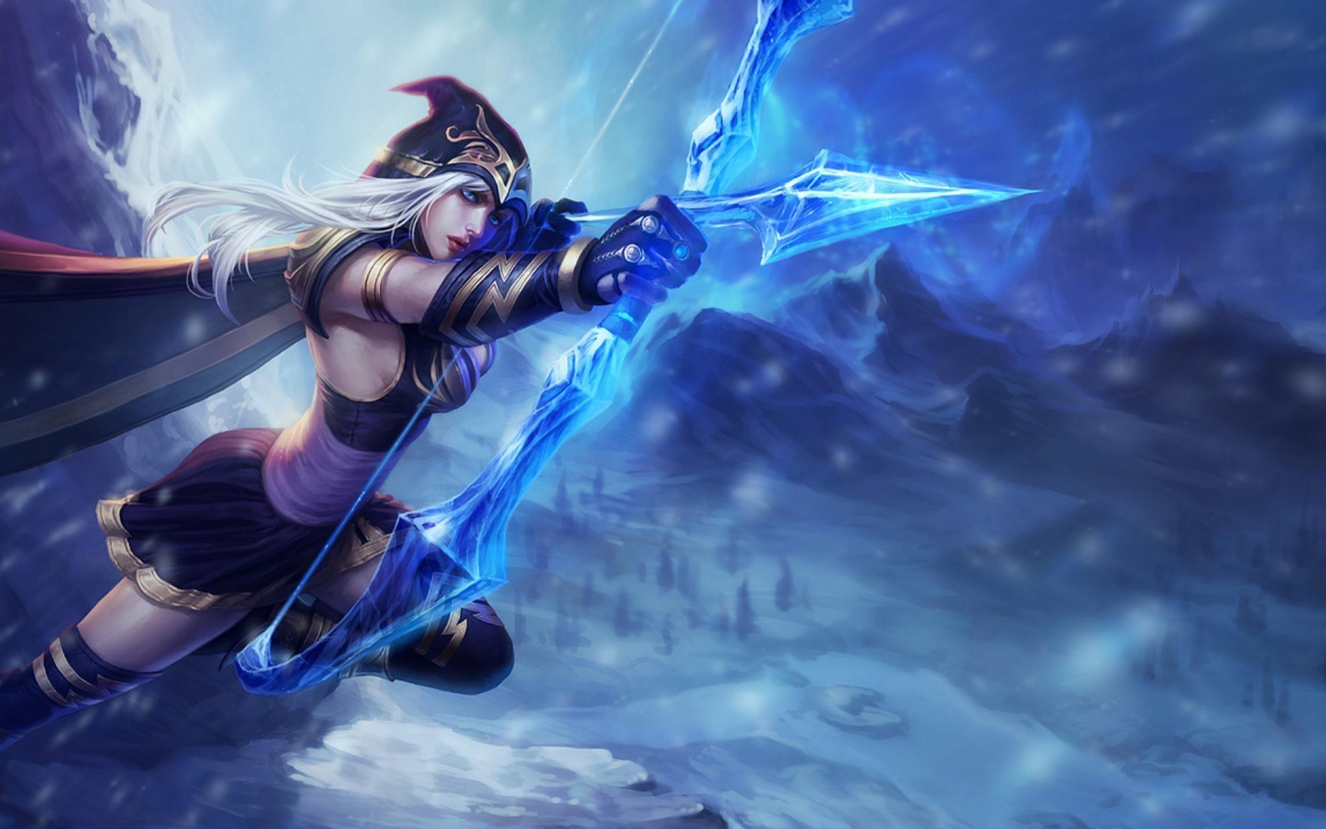Ashe, the Frost Archer, from League of Legends, aiming her crystal bow amidst a snowy landscape