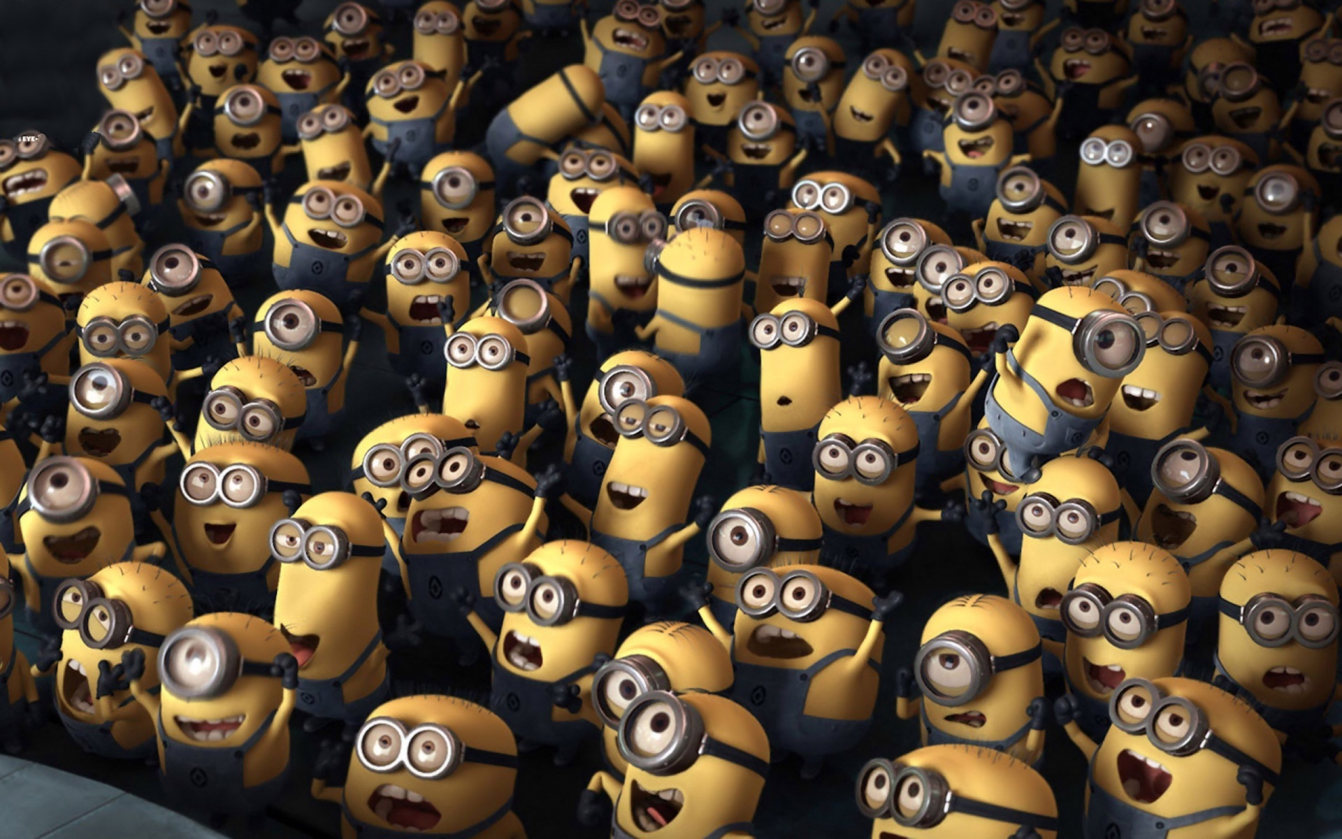 A crowd of Minions from Despicable Me cheering excitedly