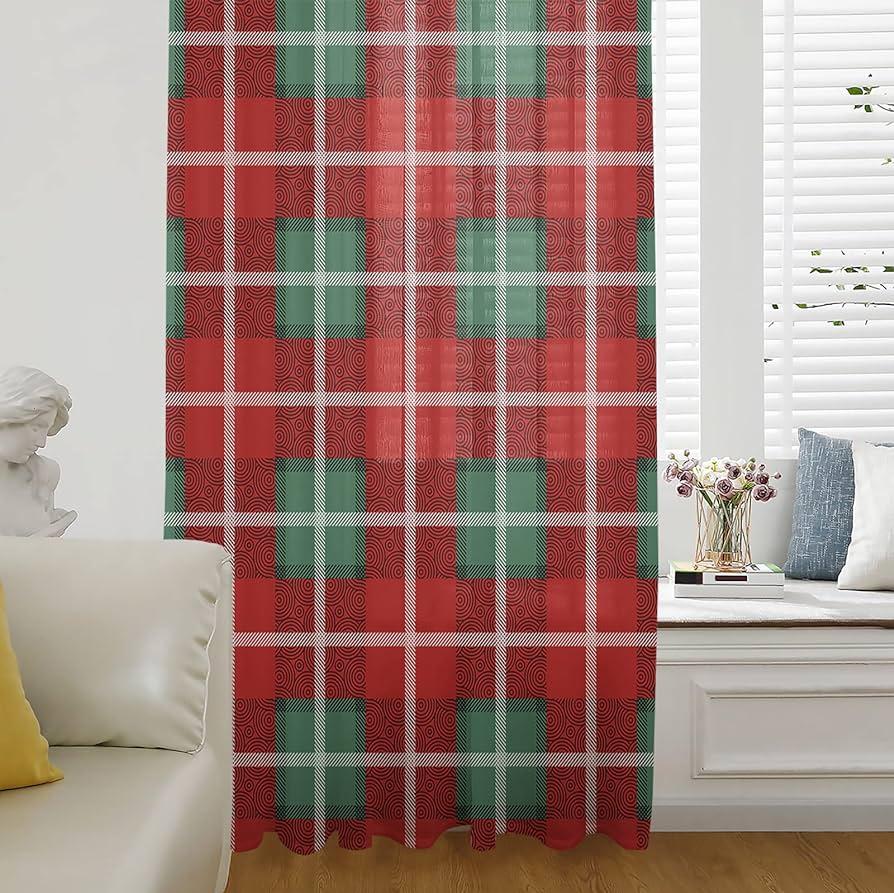 Amazon Christmas Plaid Check Semi Sheer Curtains Drapes For