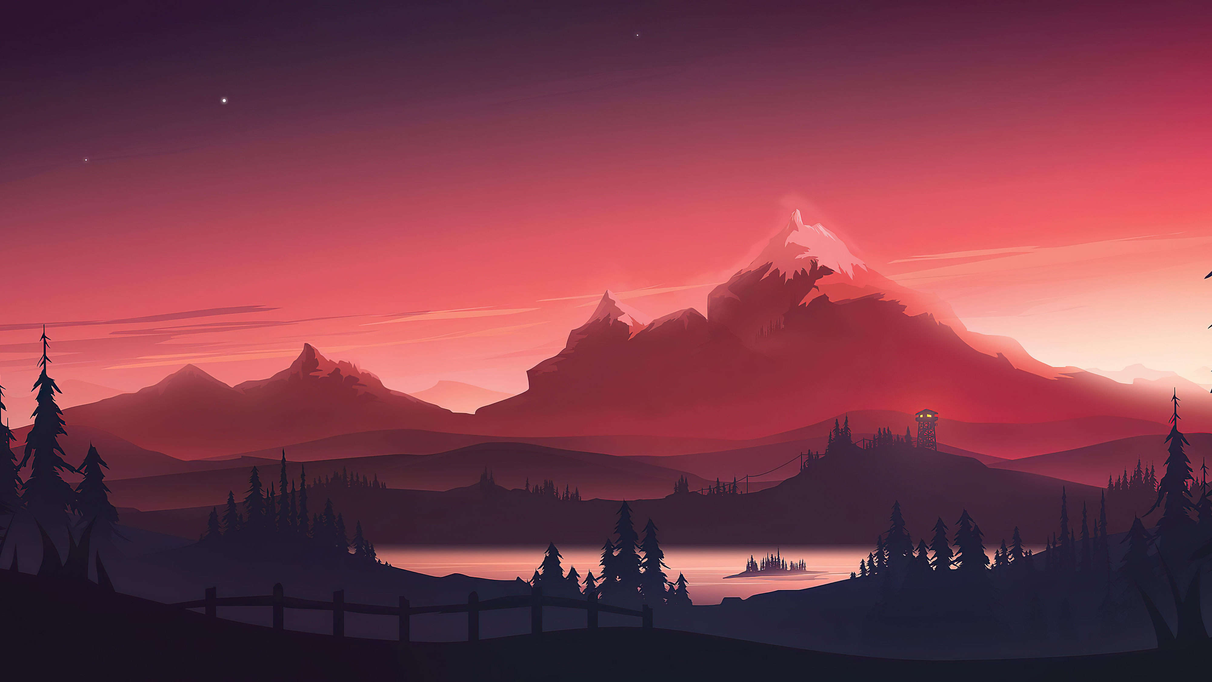 Minimal 4k wallpaper of a serene mountain landscape at sunset, with a vibrant red sky and silhouetted trees and mountains