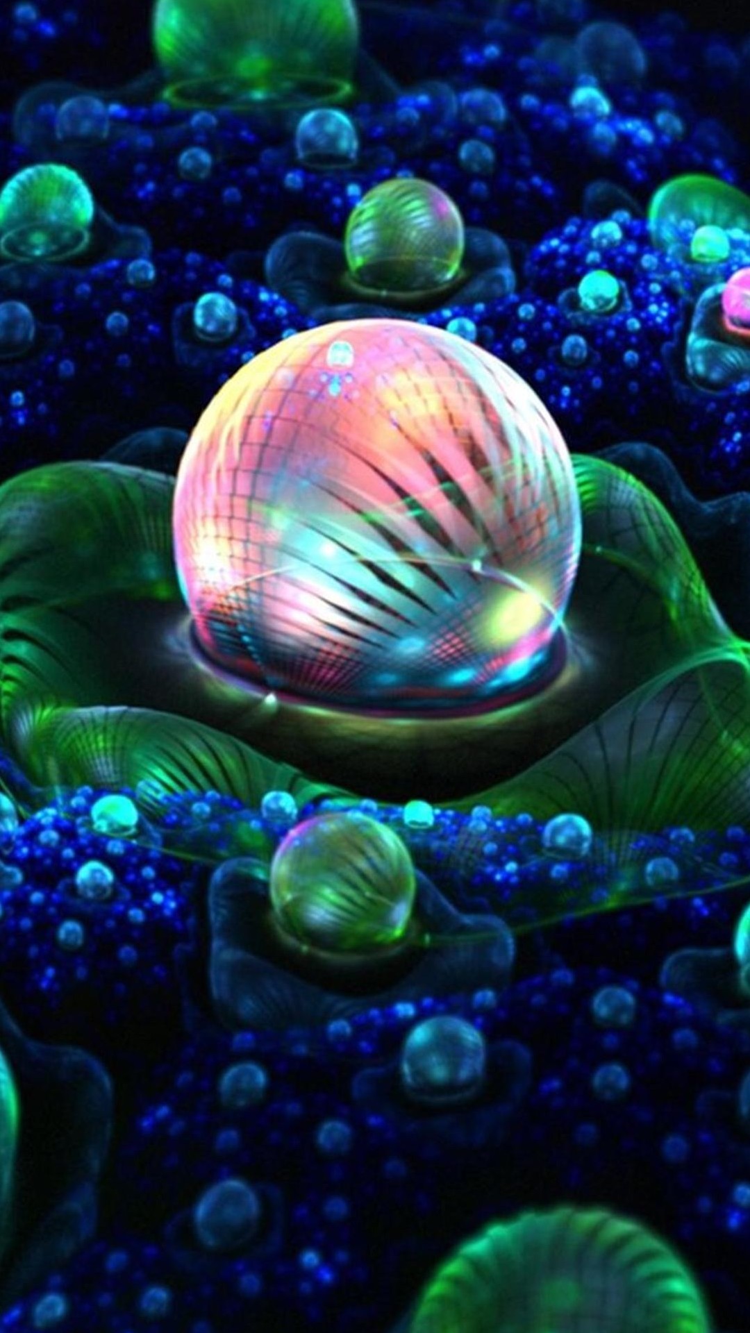Abstract phone wallpaper with colorful, glowing orbs and intricate patterns
