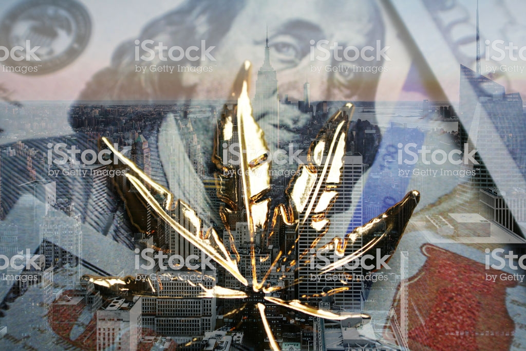 Drug Dealer Kingpin Concept With Gold Marijuana Leaf Hundreds City