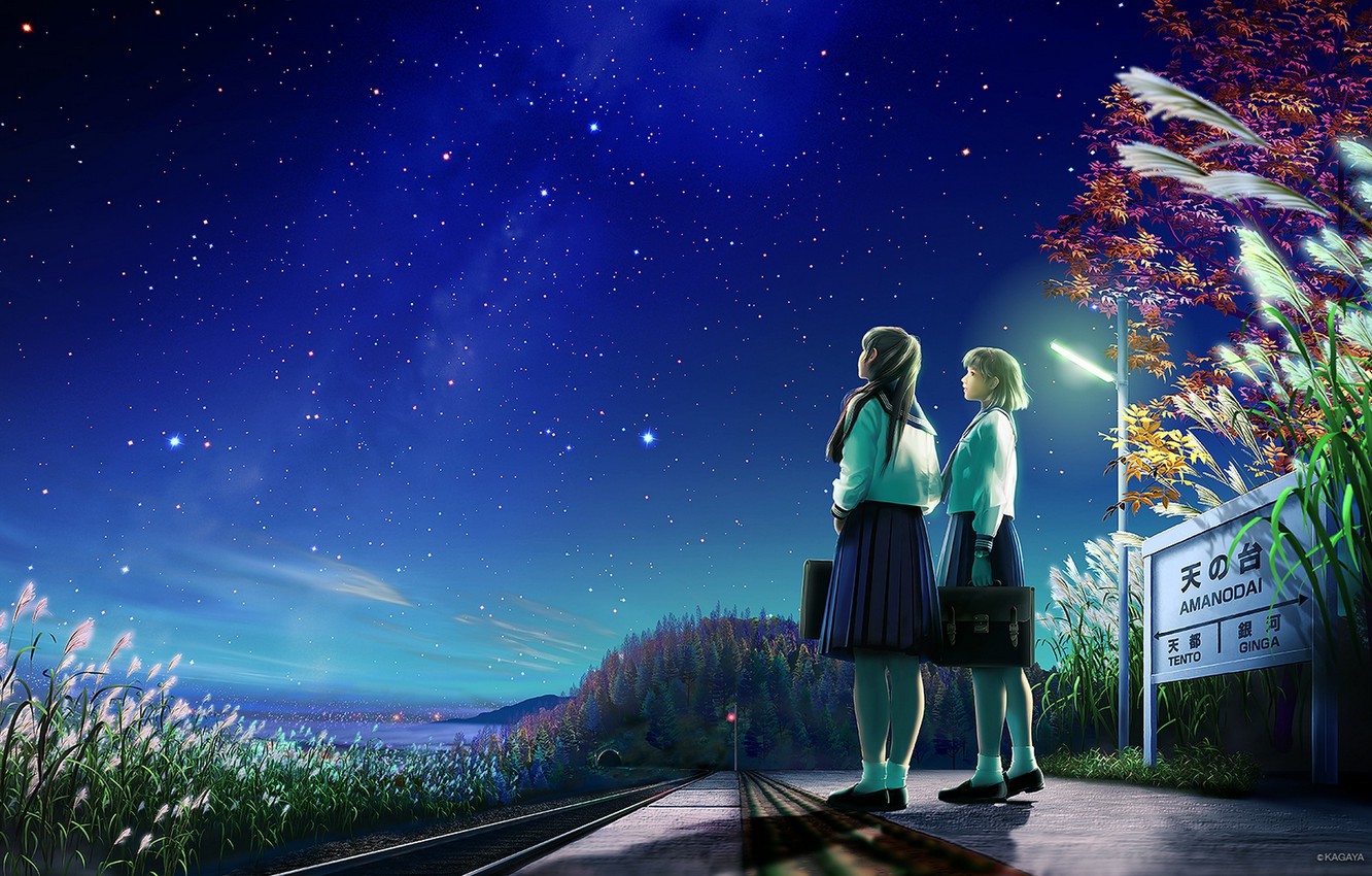 Wallpaper road stars night nature girls sign anime art