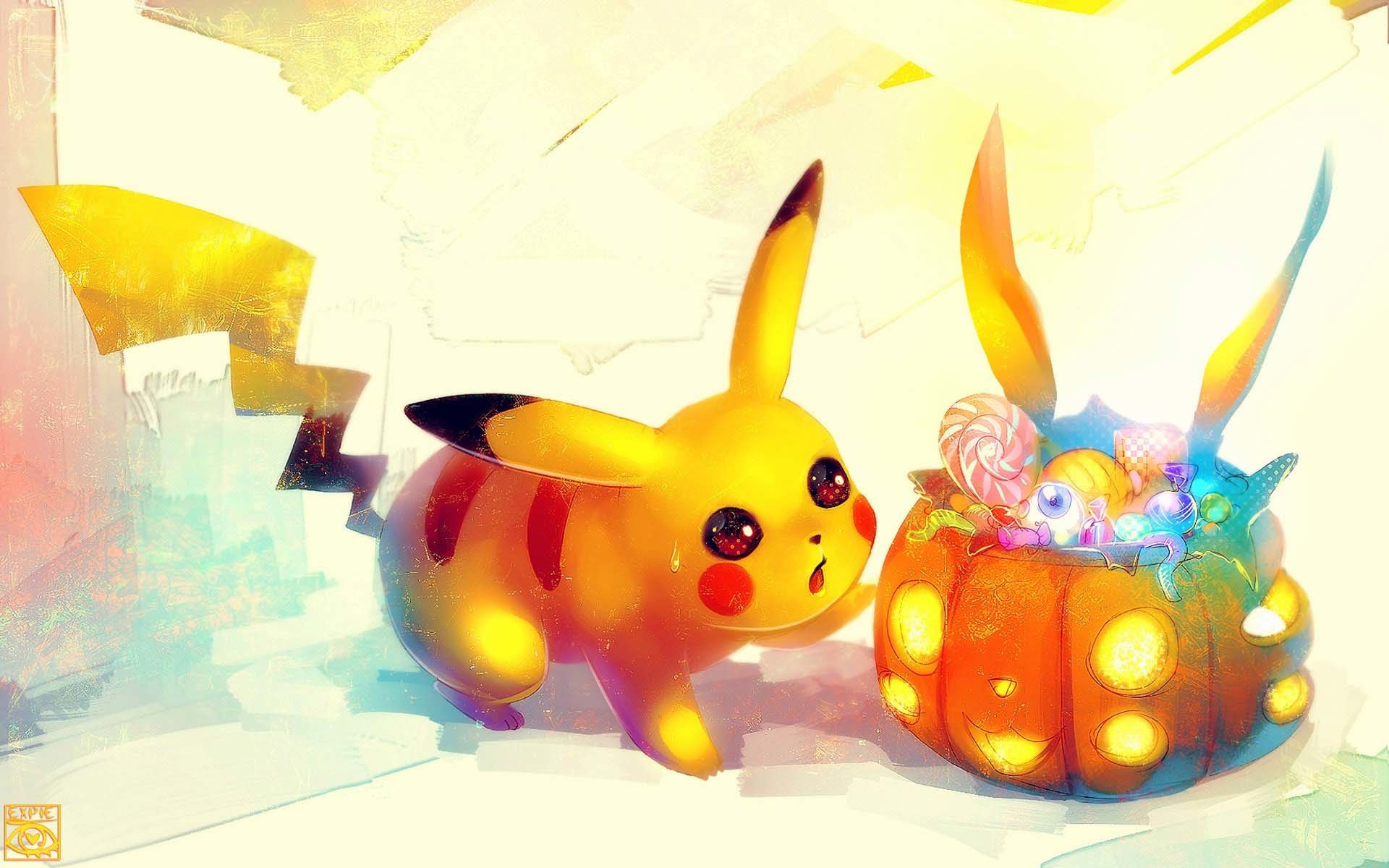 A kawaii Pikachu looking curiously at a pumpkin-shaped Halloween candy basket filled with colorful treats