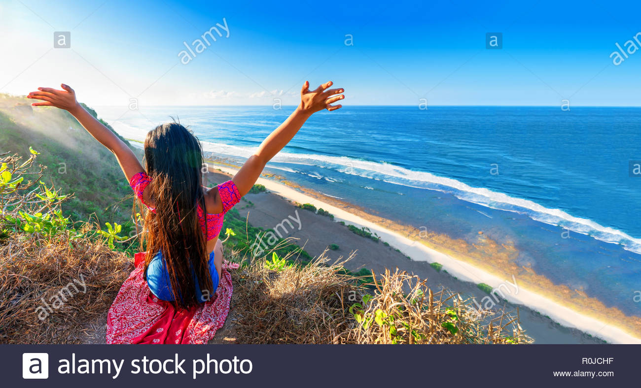 Happy Travel Girl Enjoy Vacation On Top Mountain Cliff