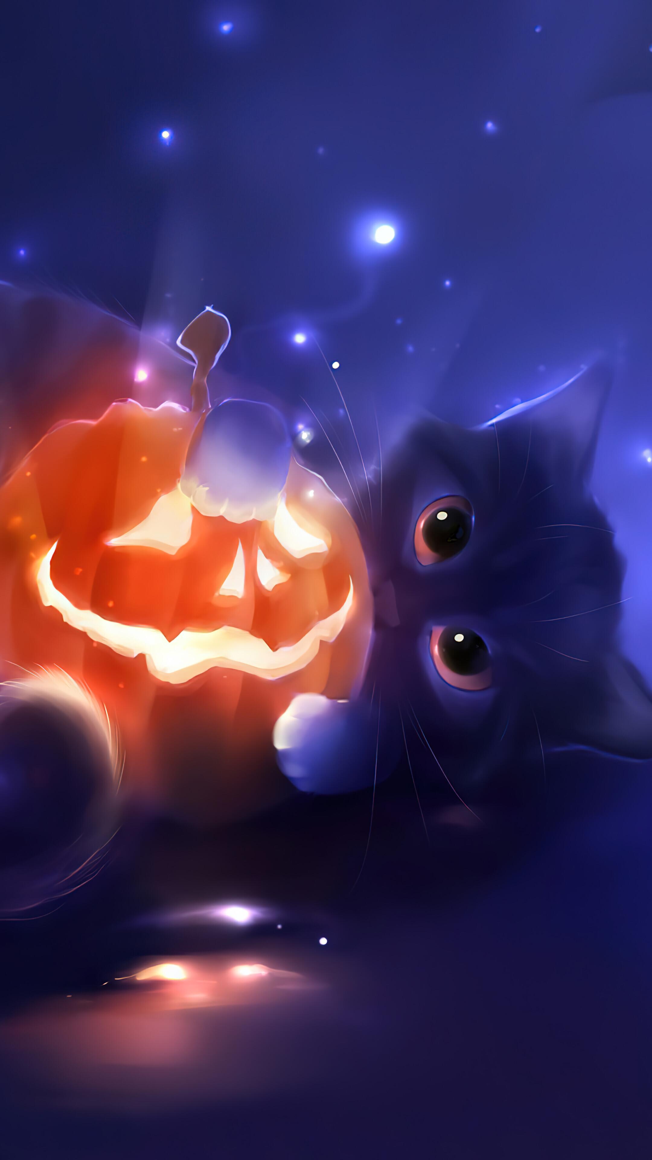 Halloween Cute Cat Pumpkin Art 4k Wallpaper iPhone HD Phone 3630h