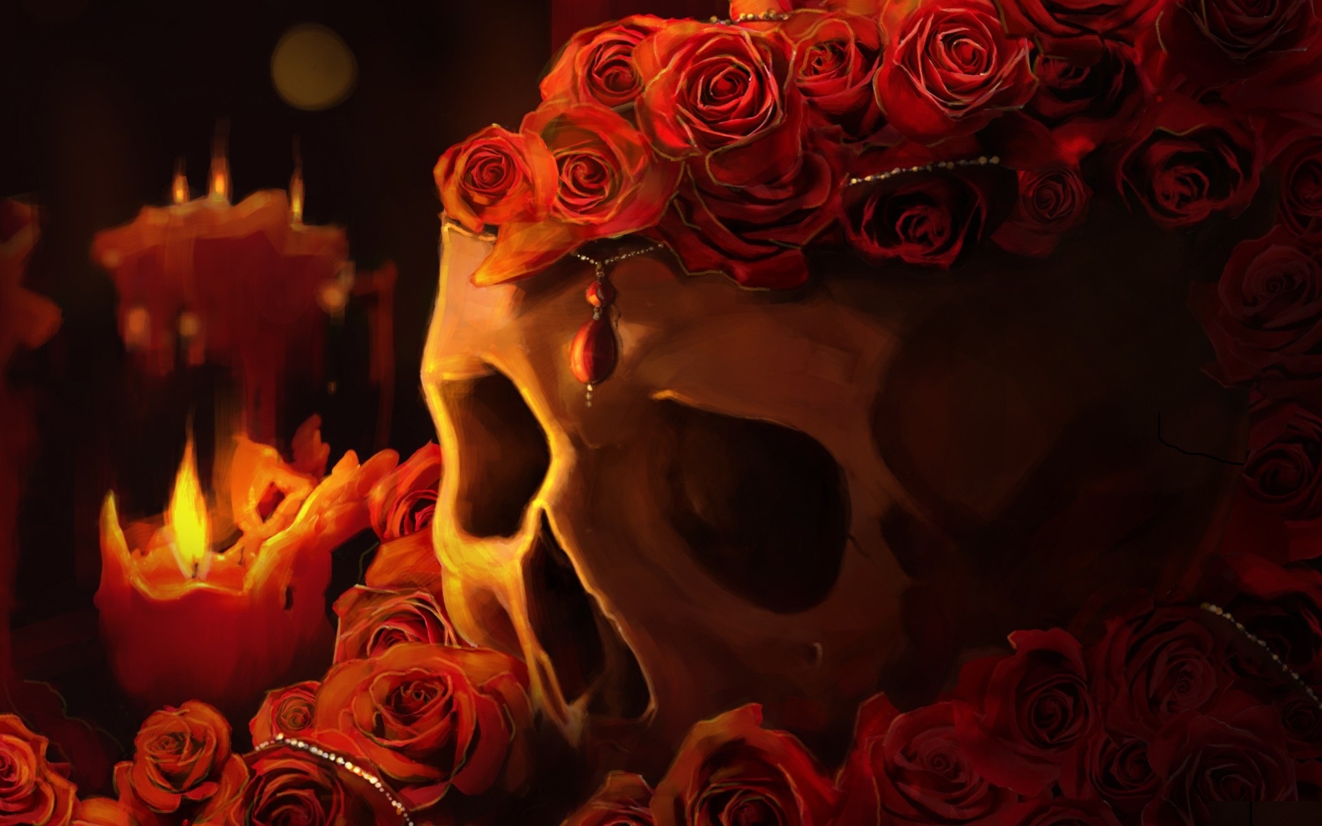 Skull pendants red rose flowers candles fire flame wallpapers