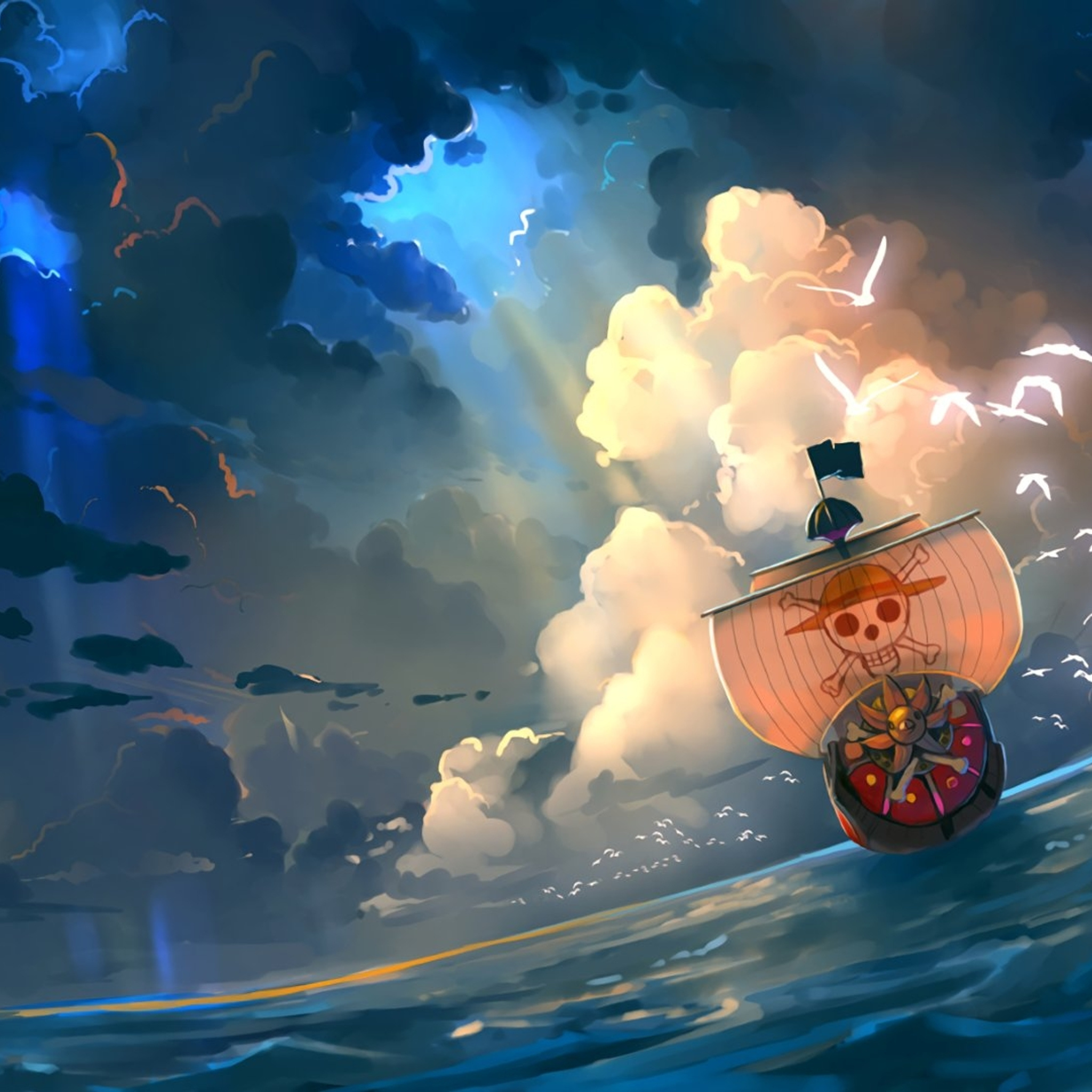A 4k anime wallpaper of the Thousand Sunny sailing under a cloudy sky with rays of light peeking through, seagulls fly around the ship, giving it a sense of adventure