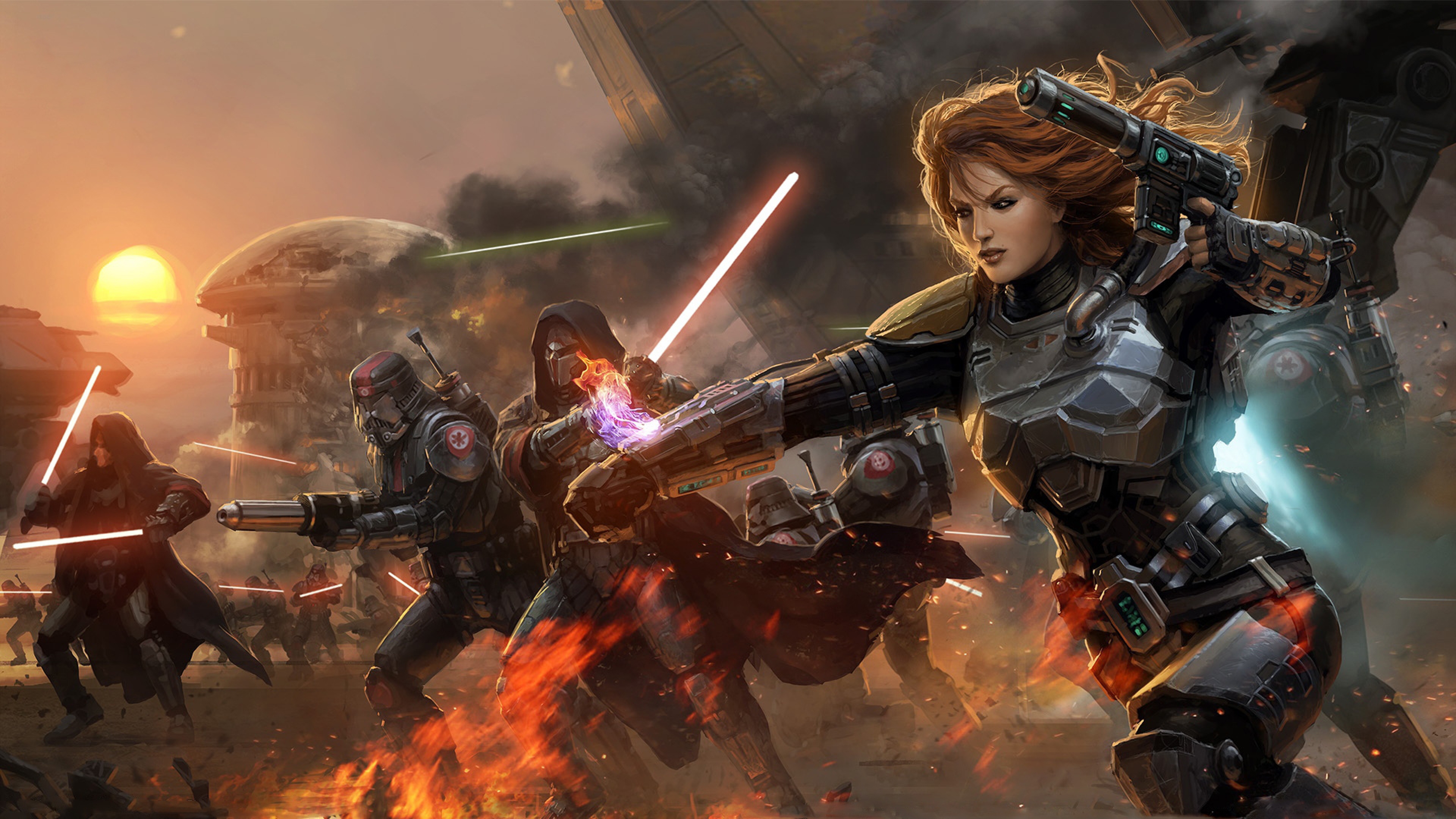 Star Wars The Old Republic Girl Lightsabers Battle Smoke