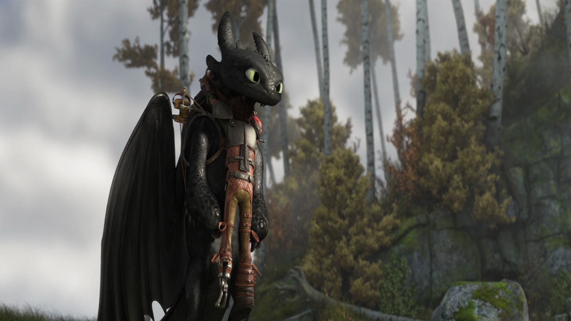 Toothless the dragon from How to Train Your Dragon, standing in a misty forest