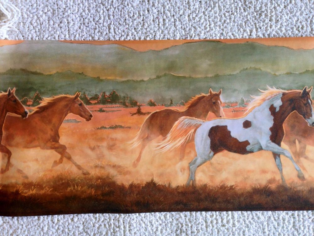 Old West Running Horses Wallpaper Border Teal Sky