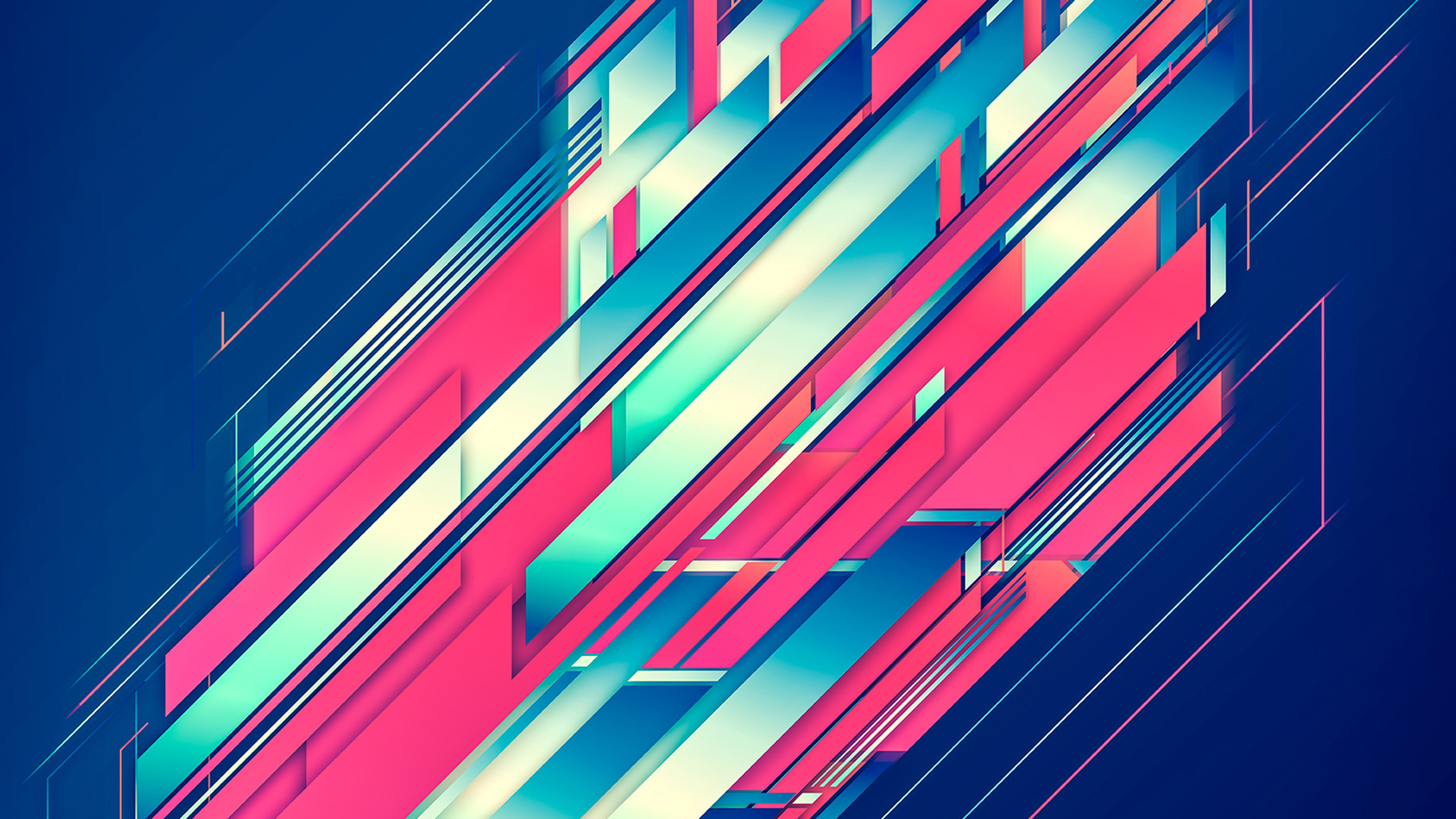 Abstract computer background with vibrant pink, blue, and teal geometric shapes and lines on a dark blue backdrop
