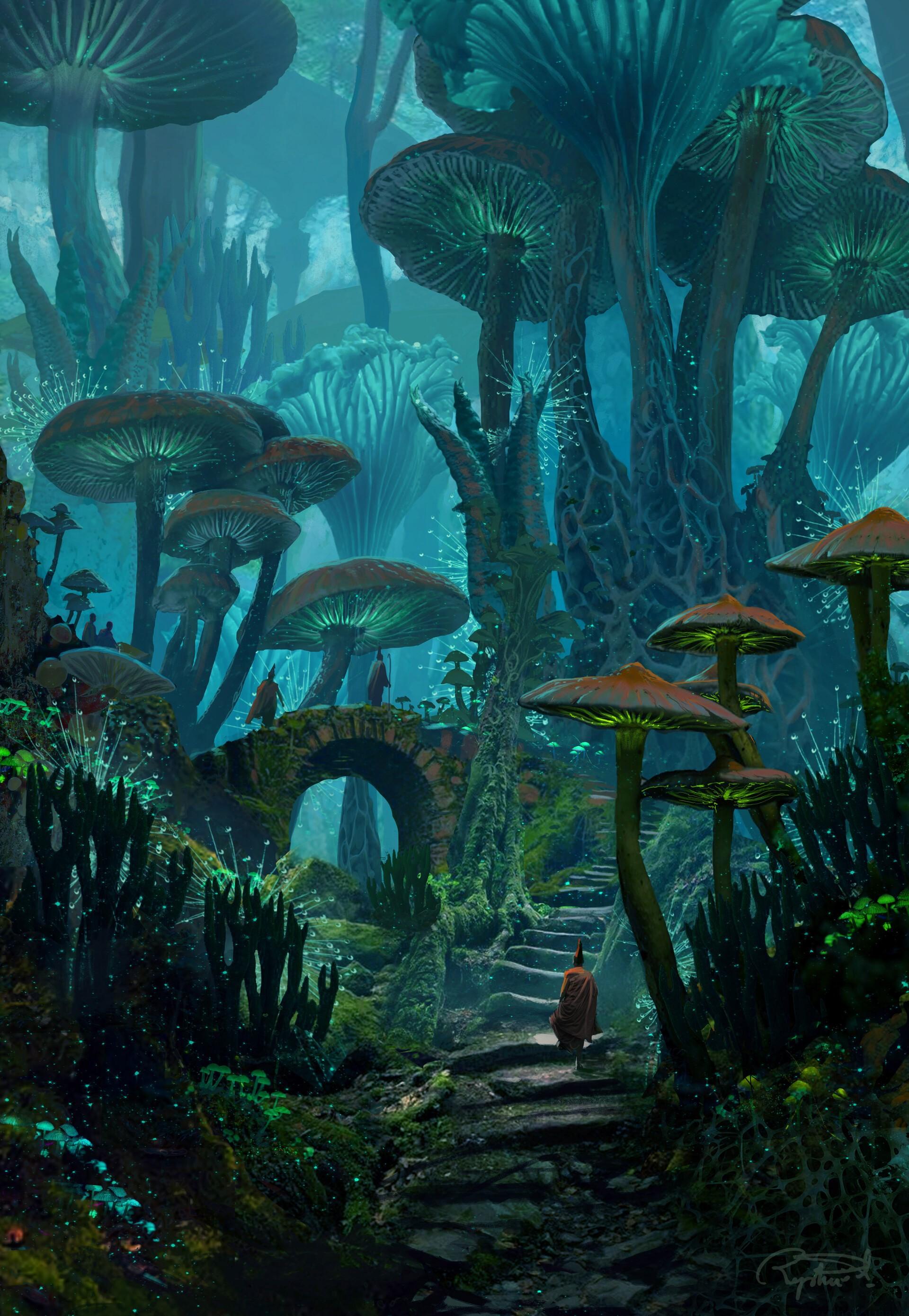 Digital Turquoise Forest Landscape Artwork Mushroom