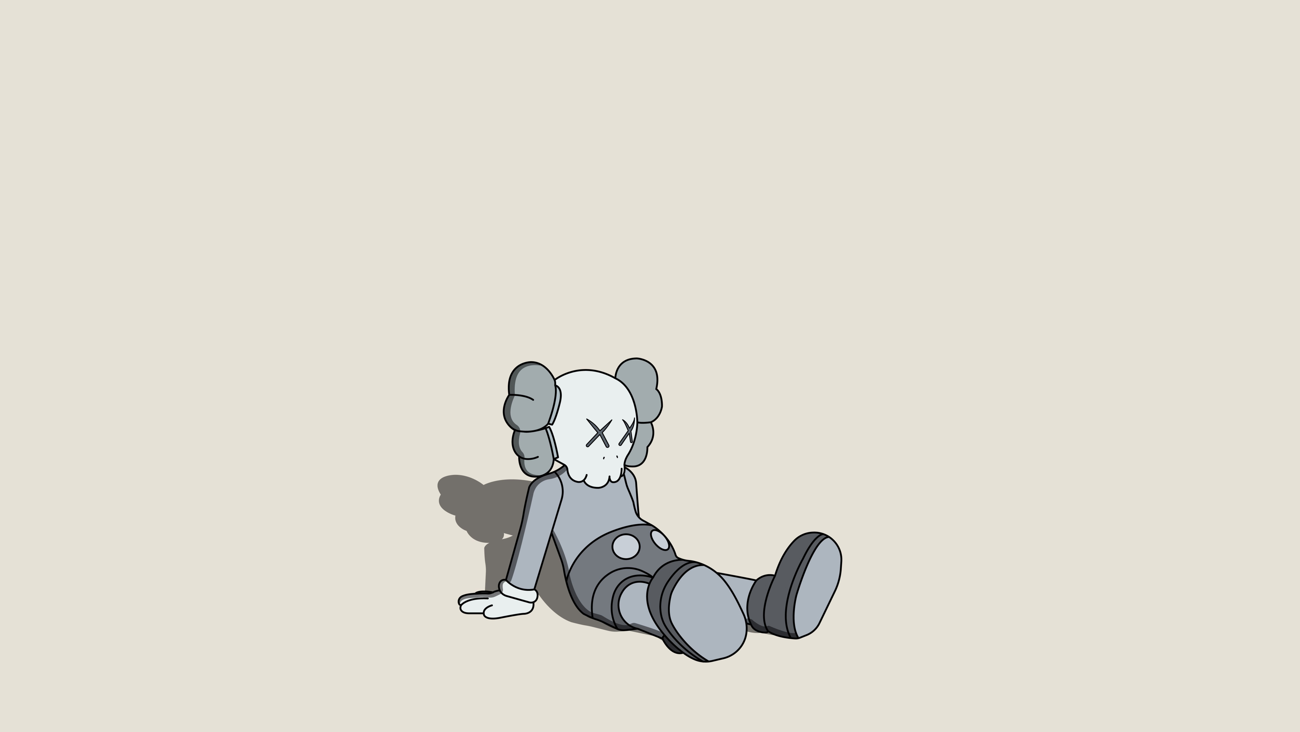A minimalist illustration of a Kaws Companion figure sitting on the floor against a plain beige background