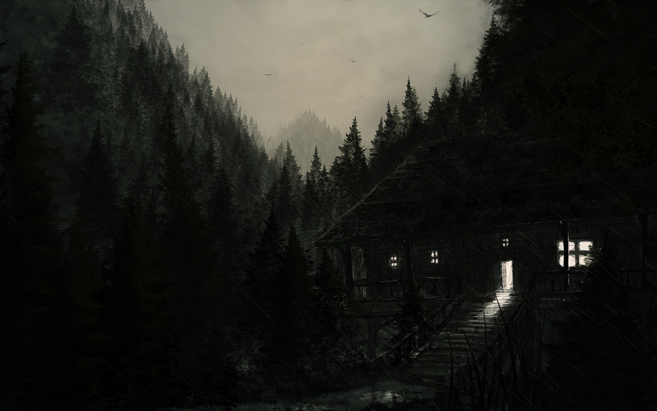 Dark Rainy Cabin HD Wallpaper