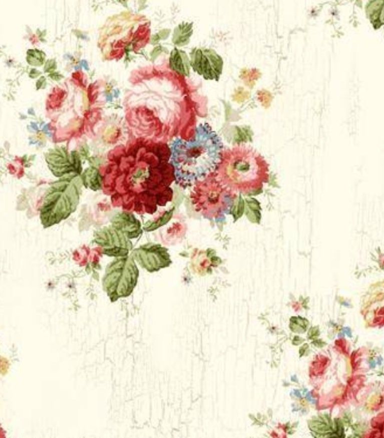 Wallpaper Designer Victorian Blue Pink Red Green Floral Roses On Cream