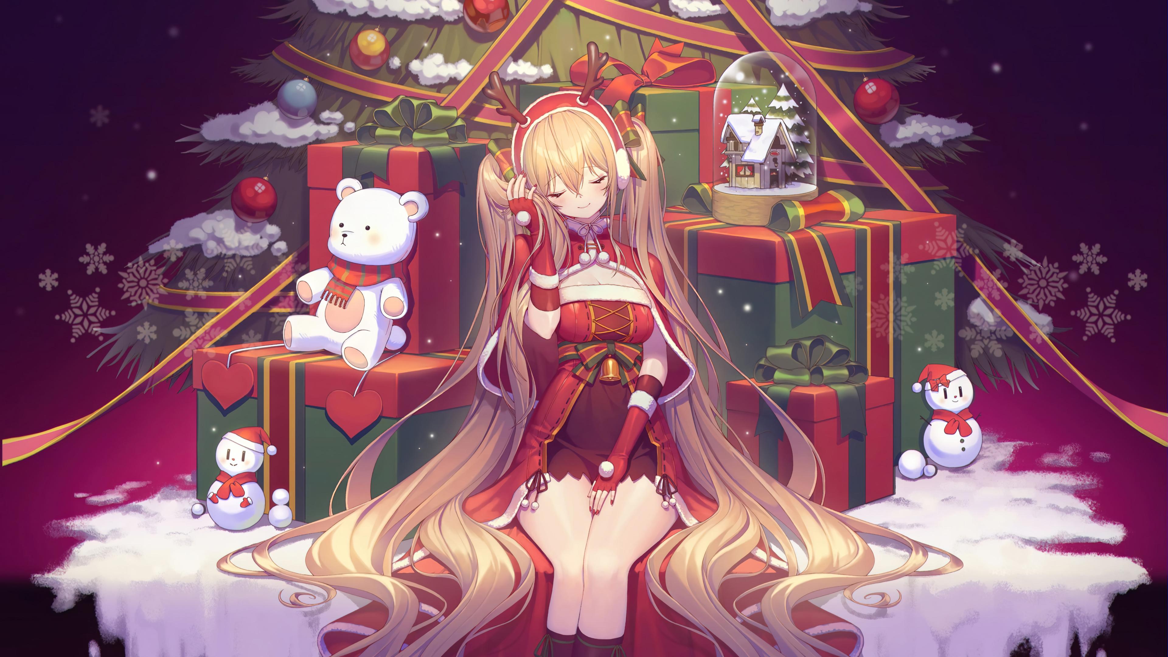 Christmas Tree Gifts Anime Santa Girl 4K Wallpaper iPhone HD Phone