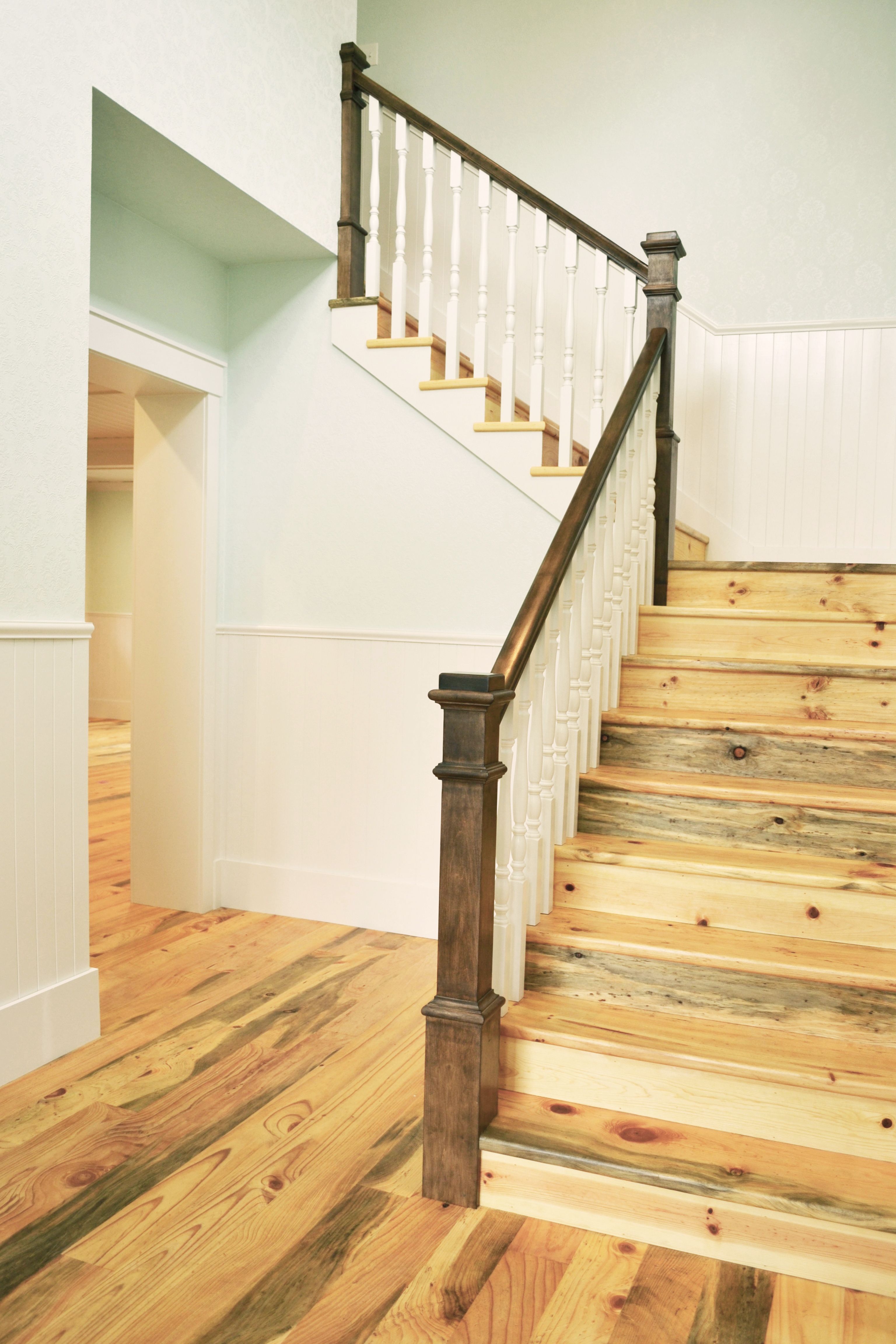 Traditional Farmhouse Staircase With Reclaimed Floors Stained