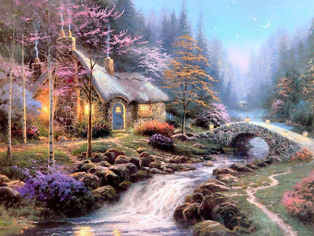 Twilight Cottage Thomas Kincade Paintings Wallpaper Image