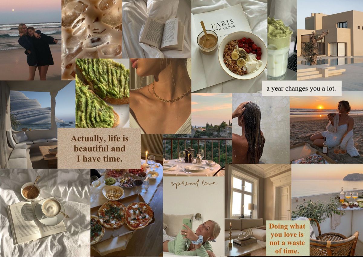 A mood board or collage of aesthetic images with a beige-brown color scheme, depicting travel, food, relaxation, and self-care