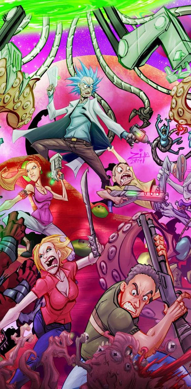 Rick And Morty Characters Fighting Tablet Wallpaper