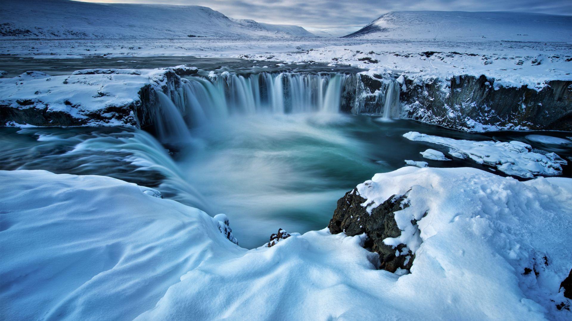 Wallpaper Godafoss Waterfall Winter Iceland 5k Nature