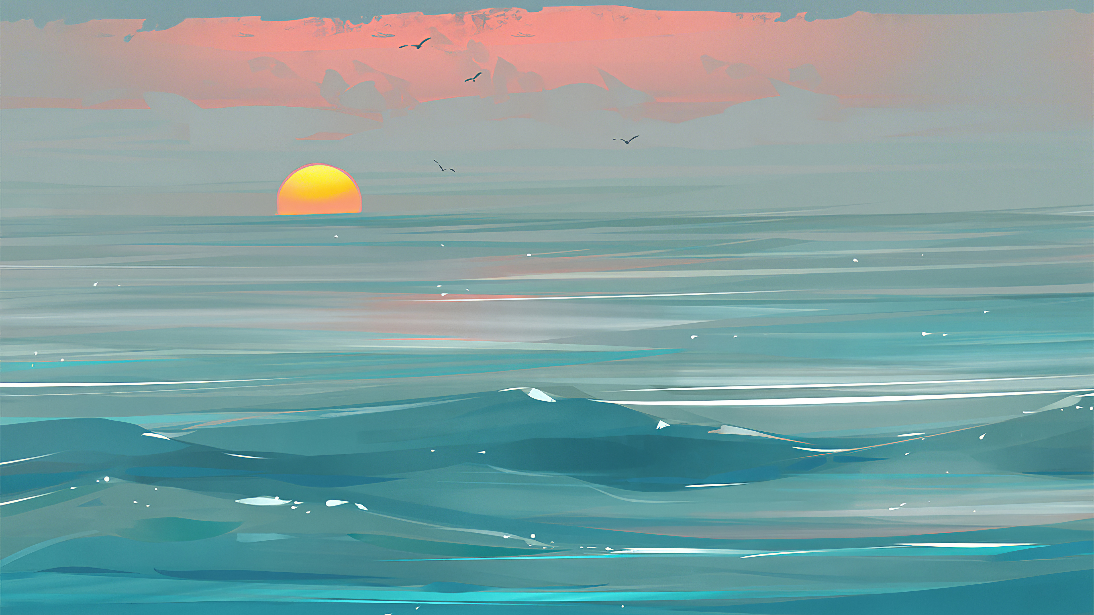 A serene 4k wallpaper of a beach sunset. The sun dips towards the horizon, casting a warm glow over the gentle waves. Birds fly peacefully in the distance