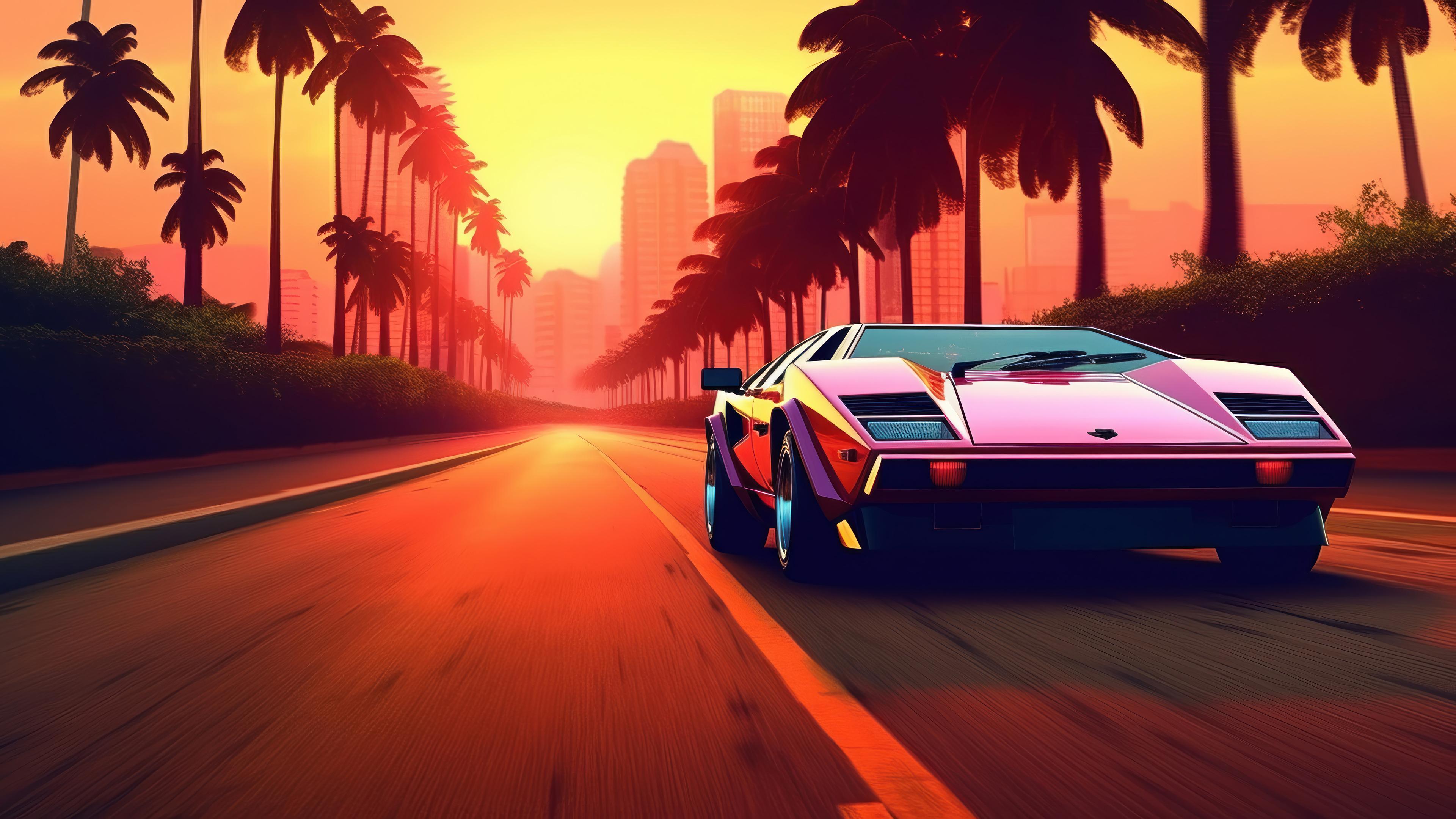Lamborghini Sports Car Street Sunset Synthwave 4k Wallpaper iPhone