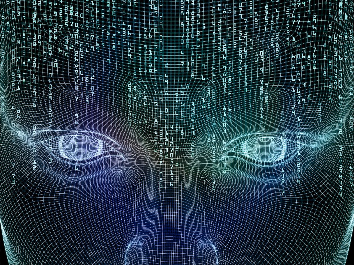 Close-up of a wireframe face with binary code streaming in the background, symbolizing artificial intelligence and digital technology