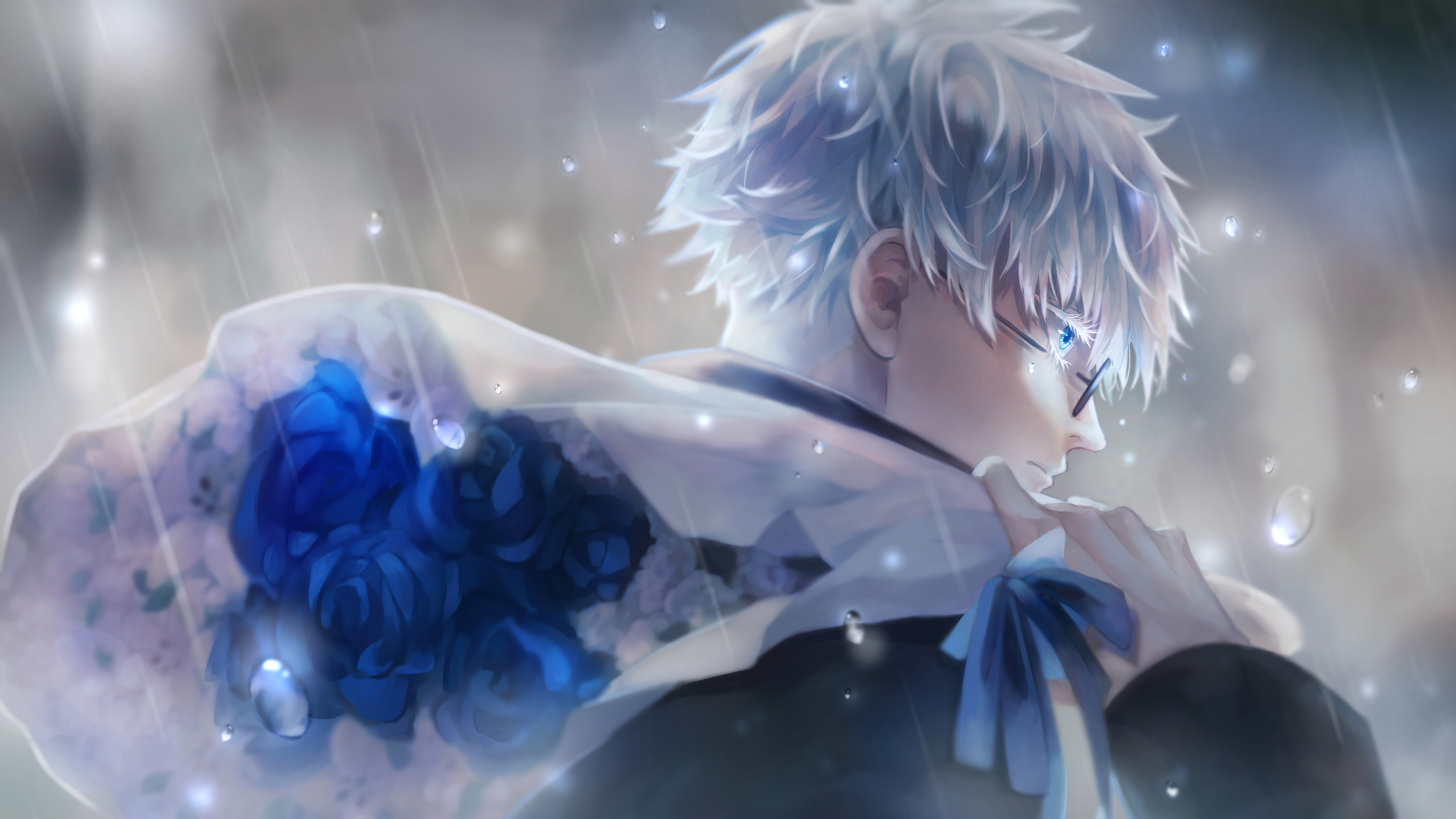 Anime-style male character with white hair, glasses, and blue roses in the rain