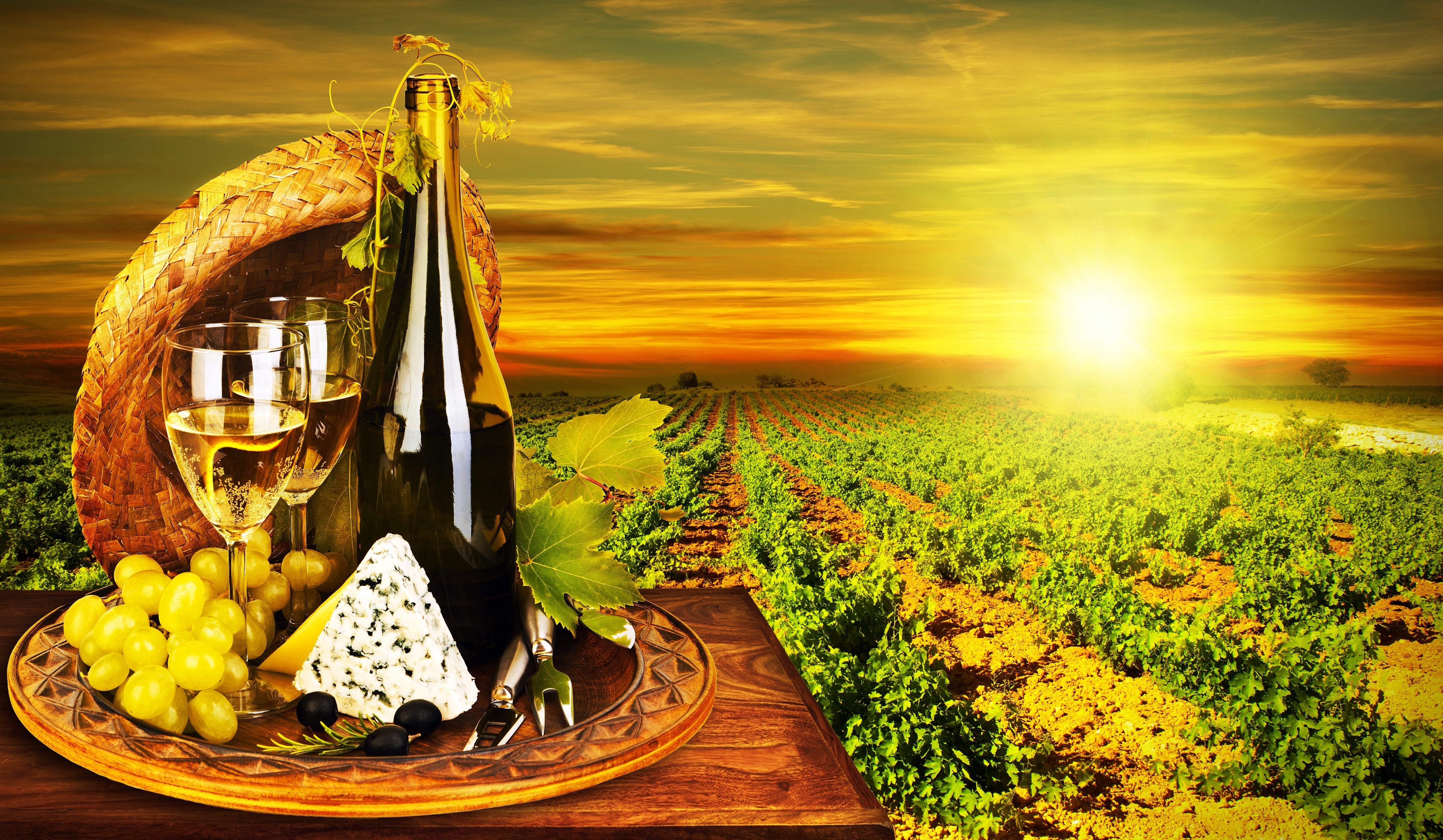 Wine White Grapes Bottle Cheese Dor Blue Vineyard Sun Wallpaper