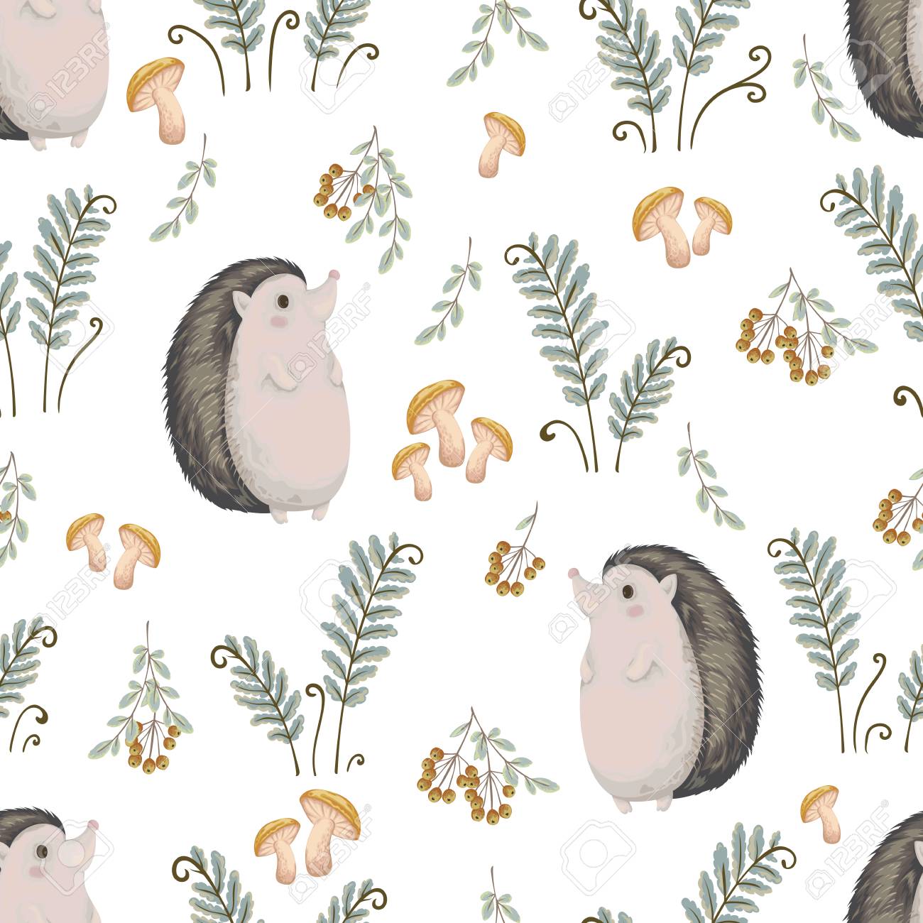 Seamless Pattern With Hedgehog Fern Mushrooms Tree Branches And