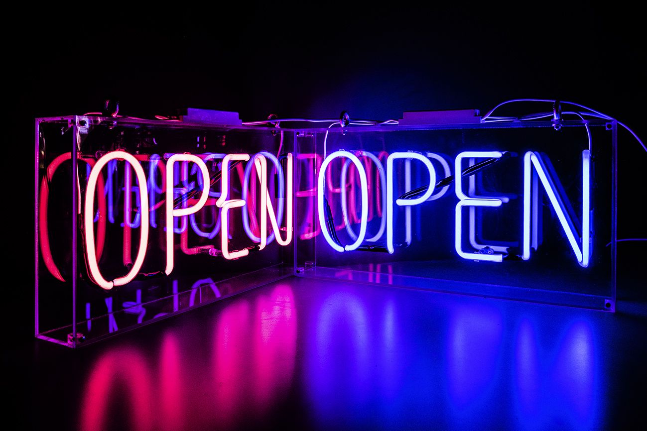 Neon Blue Open Kemp London Bespoke Signs And Prop Hire