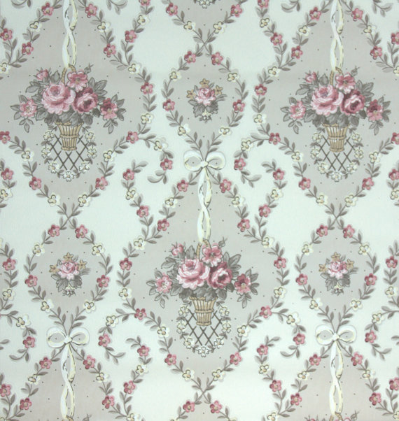 S Vintage Wallpaper Floral With Pink Roses In Baskets